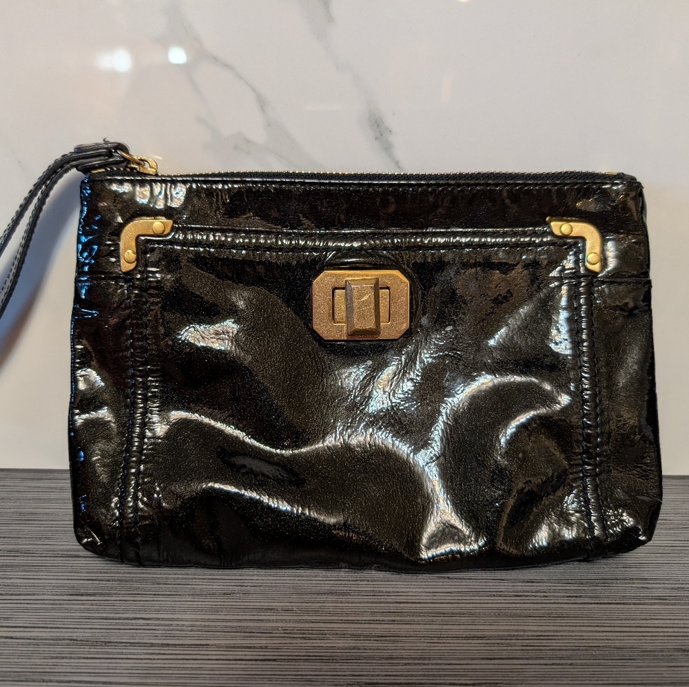 Juicy Coulture Small Black Wristlet Patent Leather With Gold Hardware